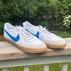NWOT Nike Men’s White Sneakers with Blue Swoosh & Gum Sole
